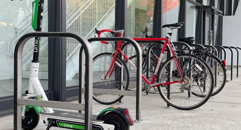 Bicycles locked to bike racks