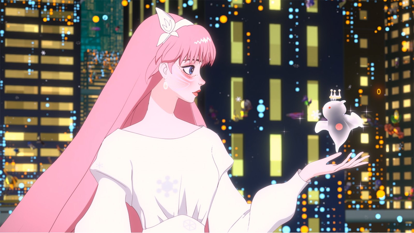 Image from animated film Belle of character with long pink hair against cityscape