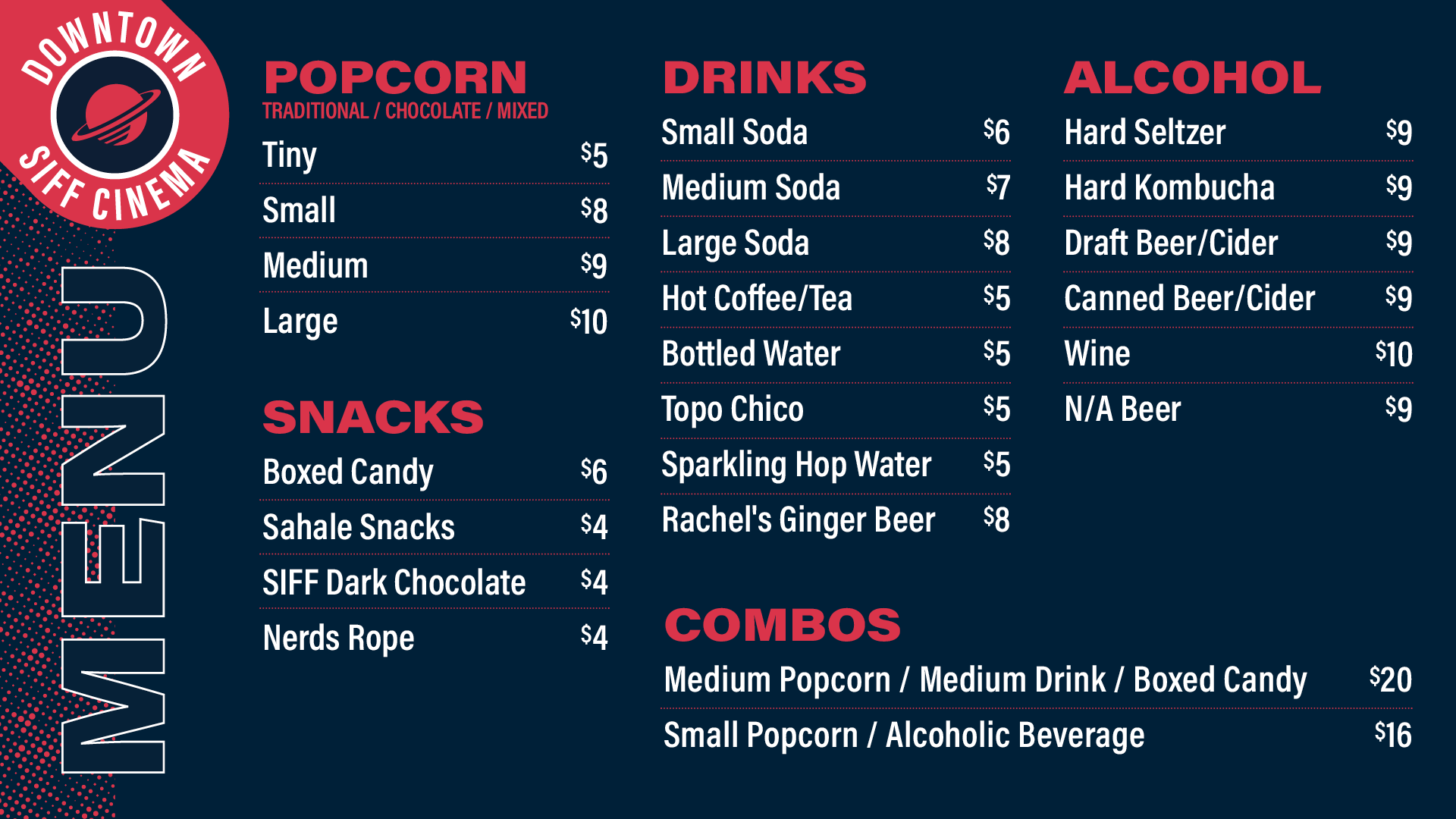 Concessions menu for SIFF Cinema Downtown