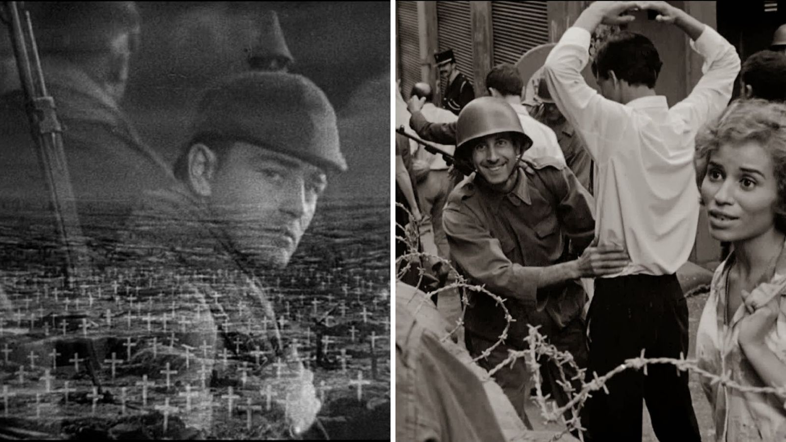 Film still from All Quiet on the Western Front aside a still from The Battle of Algiers