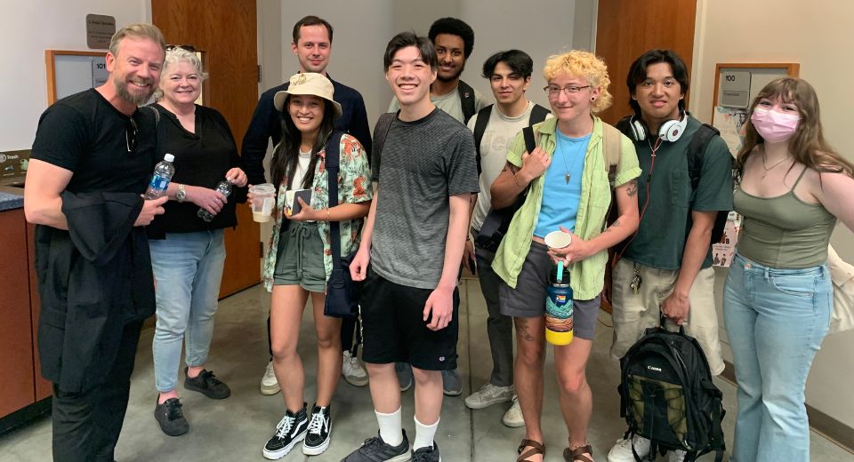 Filmmaker with students during a Seattle International Film Festival school visit.