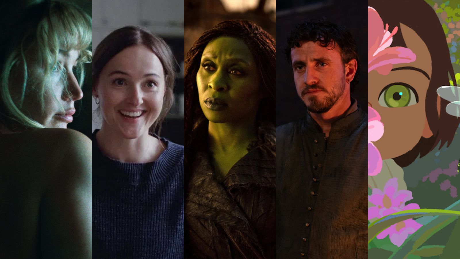 Stills from Die My Love, Sentimental Value, Wicked: For Good, Hamnet, and Little Amelie or the Character of Rain