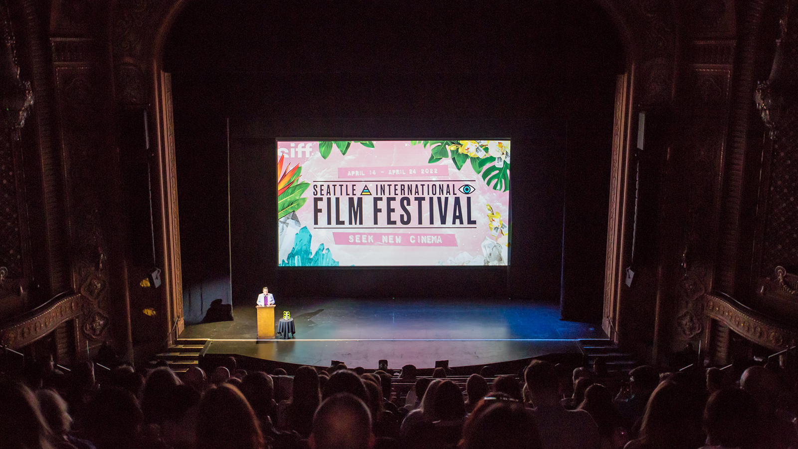 SIFF Artistic Director Beth Barrett introducing SIFF 2023 Opening Night from the Paramount Theatre stage