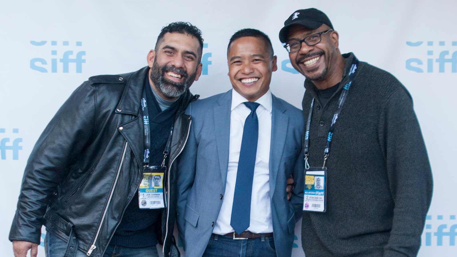 Joe Carman, Jeff Unay, and Stan Shields at the SIFF 2017 screening of The Cgae Fighter